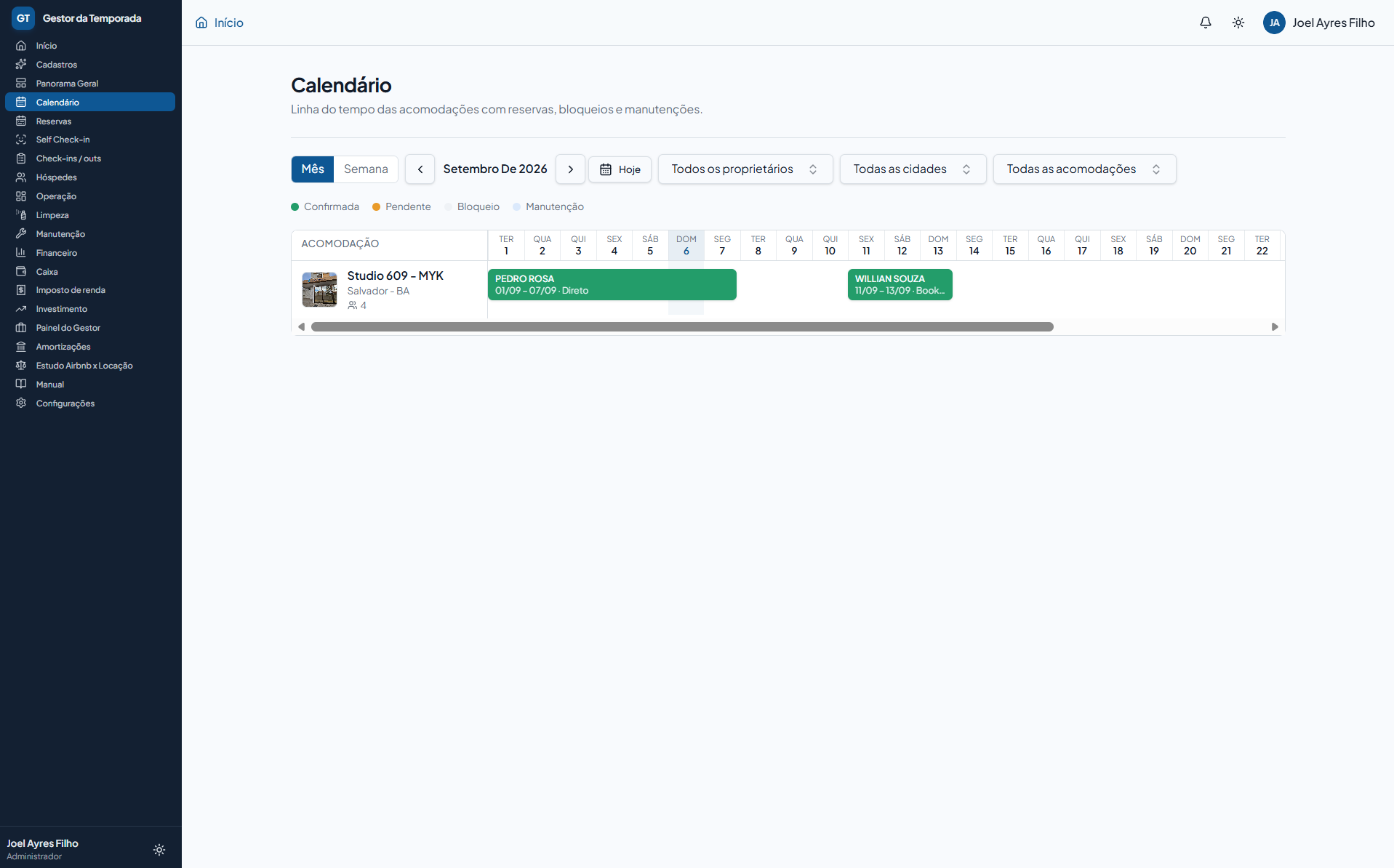 Calendário de reservas, bloqueios e manutenções por acomodação