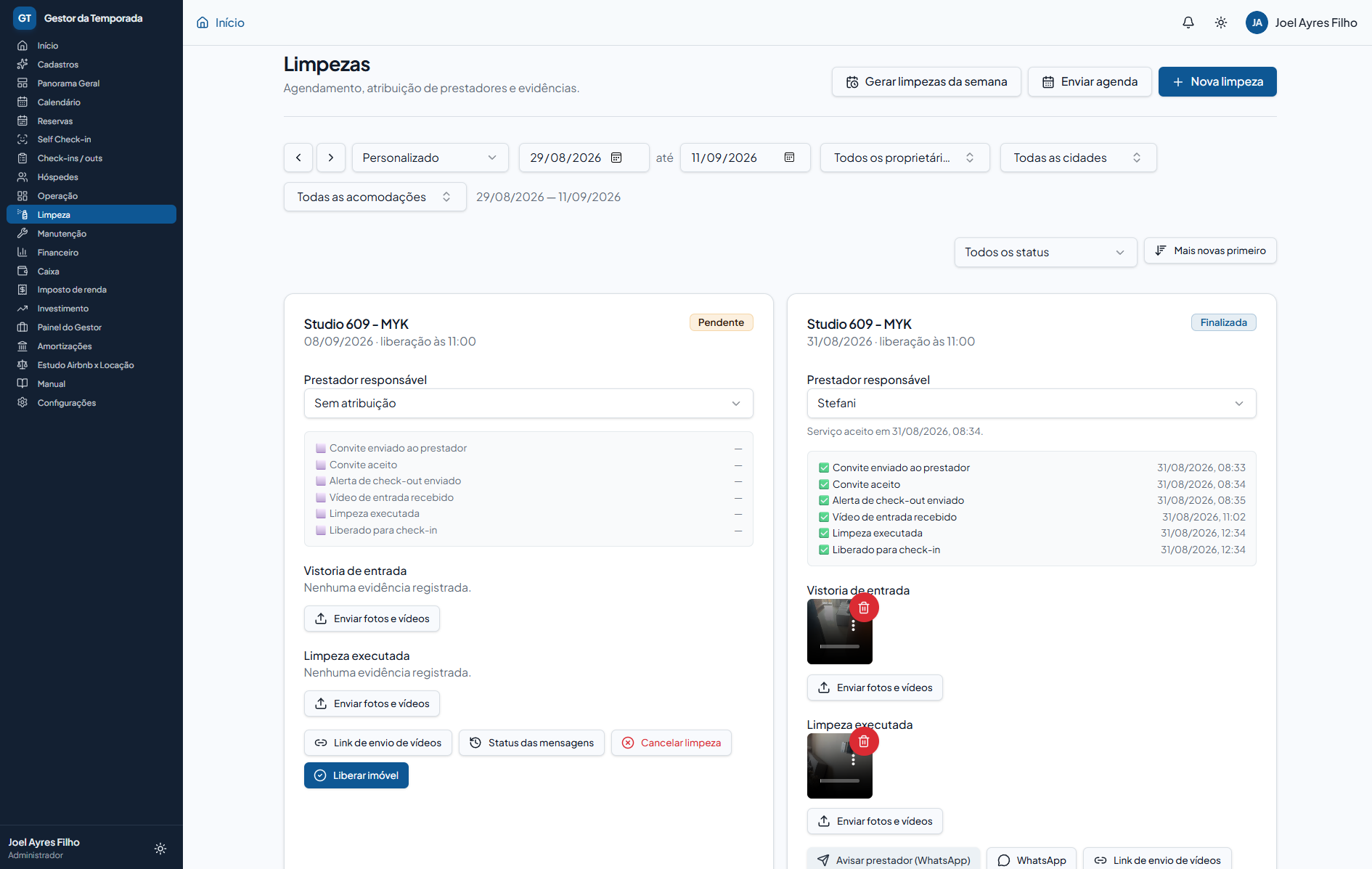 Agenda de limpezas com prestadores e vídeos de vistoria
