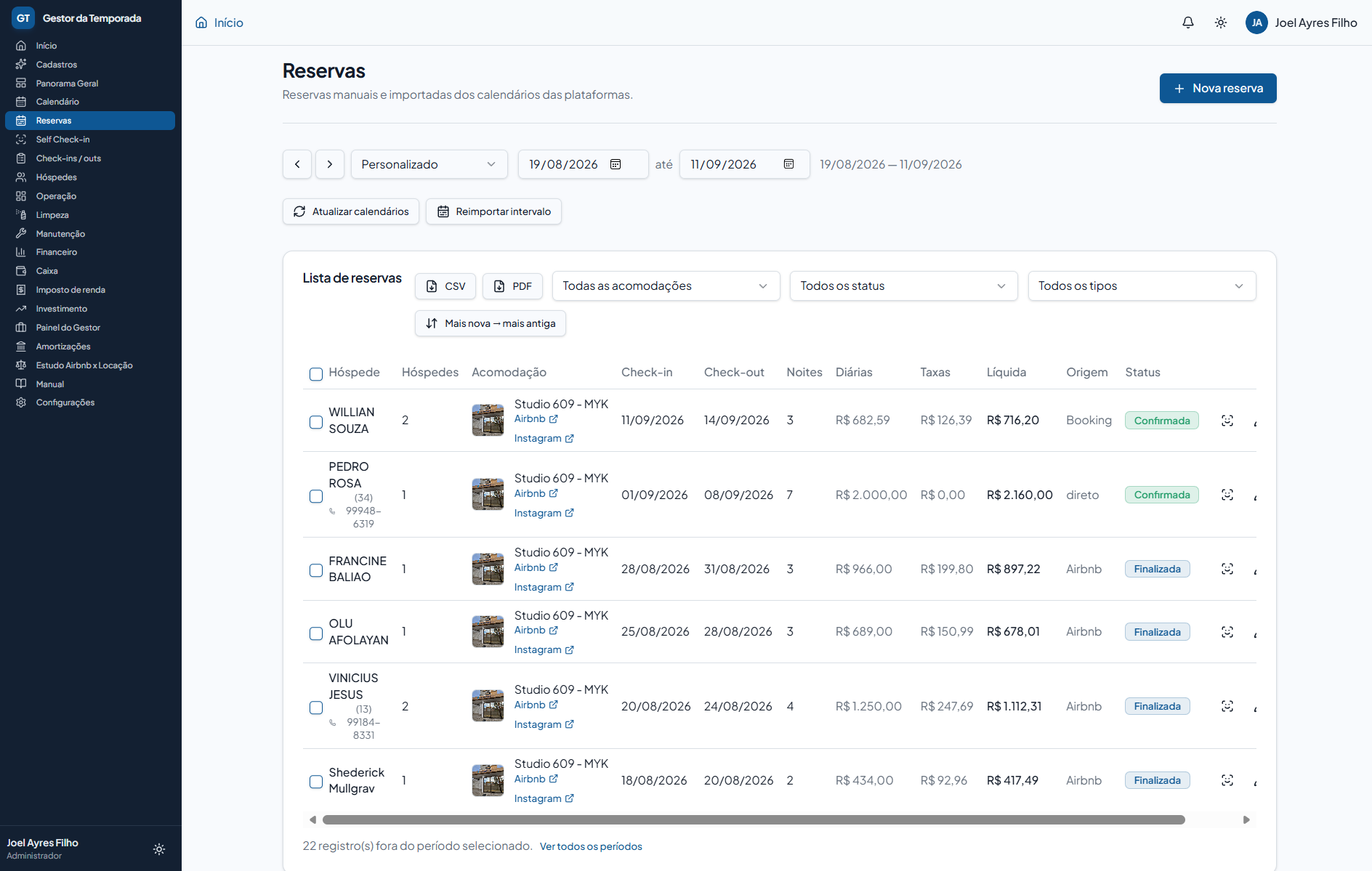 Lista de reservas manuais e importadas de Airbnb e Booking