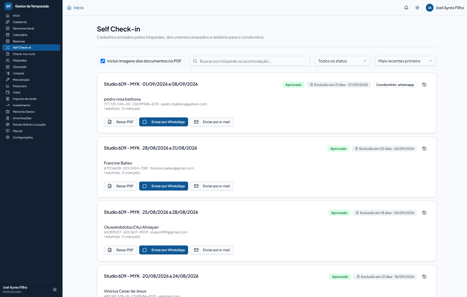 Self Check-in com cadastro de hóspedes, documentos e relatório para condomínio